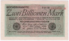 Banknoten, Die deutschen Banknoten ab 1871 nach Rosenberg, Deutsches Reich, 1871-1945
2 Bio. Mark 5.11.1923. WZ Ringe. KN 6-stellig, FZ: schwarz BK. ...