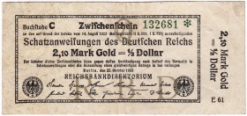 Banknoten, Die deutschen Banknoten ab 1871 nach Rosenberg, Deutsches Reich, 1871-1945
Schatzanweisung zu 2,10 Mark Gold 23.10.1923. KN. 6-stellig, FZ...