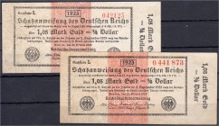 Banknoten, Die deutschen Banknoten ab 1871 nach Rosenberg, Deutsches Reich, 1871-1945
2 X Schatzanweisungen zu 1,05 Mark Gold 26.10.1923. KN. 6-stell...