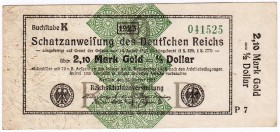 Banknoten, Die deutschen Banknoten ab 1871 nach Rosenberg, Deutsches Reich, 1871-1945
Schatzanweisung zu 2,10 Mark Gold 26.10.1923. KN 6-stellig, Ser...