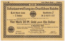 Banknoten, Die deutschen Banknoten ab 1871 nach Rosenberg, Deutsches Reich, 1871-1945
Schatzanweisung zu 4,20 Mark Gold 25.8.1923. KN 7-stellig, Wz. ...