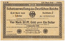 Banknoten, Die deutschen Banknoten ab 1871 nach Rosenberg, Deutsches Reich, 1871-1945
Schatzanweisung zu 4,20 Mark Gold 25.8.1923. KN 8-stellig, Wz. ...
