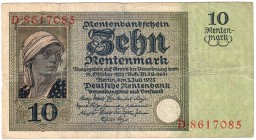 Banknoten, Die deutschen Banknoten ab 1871 nach Rosenberg, Deutsches Reich, 1871-1945
10 Rentenmark 3.7.1925. Serie D. 
III-IV