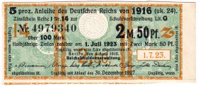 Banknoten, Die deutschen Banknoten ab 1871 nach Rosenberg, Deutsches Reich, 1871-1945, Reichsschuldenverwaltung
2,5 Mark Zinskupon der Anleihe 1916. ...