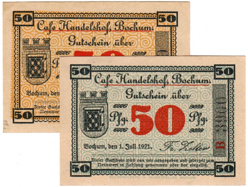 Banknoten, Deutsches Notgeld und KGL, Bochum
2 X 50 Pfg. Cafe Handelshof 1.7.19...