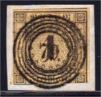 Briefmarken, Deutschland, Altdeutschland, Baden
1 Kr. Freimarken 1851, Farbe "a", 3-seitig vollrandige, unten leicht angeschnittene Marke, sauber auf...
