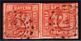 Briefmarken, Deutschland, Altdeutschland, Bayern
12 Kr. Freimarke 1850, waagerechtes Paar mit offenem Mühlradstempel "291", linke Marke Seidenfaden v...