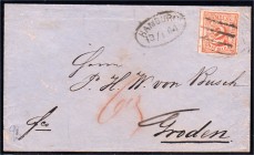 Briefmarken, Deutschland, Altdeutschland, Hamburg
2 S. Freimarke 1859, allseits voll- bis breitrandig, auf Brief mit Vierstrich-Entwertung von Hambur...