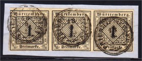 Briefmarken, Deutschland, Altdeutschland, Württemberg
1 Kr. schwarz auf hellsämisch, Type III, waagerechter Dreierstreifen auf Briefstück, sauber ges...