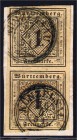 Briefmarken, Deutschland, Altdeutschland, Württemberg
1 Kr. Freimarke 1851, Farbe "b", Papier "y", allseits vollrandiges, senkrechtes Paar auf Briefs...