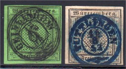 Briefmarken, Deutschland, Altdeutschland, Württemberg
6 Kr. und 9 Kr. Freimarken 1851, Farbe "a", 2 vollrandige und zentrisch gestempelte Kabinettstü...