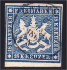 Briefmarken, Deutschland, Altdeutschland, Württemberg
18 Kr. Freimarke 1859, dunkelblau. Die farbfrische, links teils Randlinienschnitt, sonst voll- ...