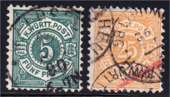 Briefmarken, Deutschland, Altdeutschland, Württemberg
5 Pf. und 25 Pf. Freimarken 1890, Farbe "b", 2 gestempelte Werte in guter Erhaltung, geprüft Th...