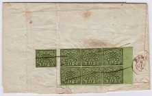 Briefmarken, Ausland, Italien
1852, 2 BAJ. KIRCHENSTAAT, Einzelwert und Sechserblock vom rechten Rand rs. auf gefaltetem Brief mit Federzugentwertung...