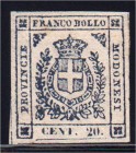 Briefmarken, Ausland, Italien
1859, 20 CENT. MODENA (Sassone 15 b - nero violaceo), vollrandiges Prachtstück mit Teilen des Originalgummis, Fotoattes...