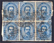 Briefmarken, Ausland, Italien
1879, 25 CENT UMBERTO, Sechserblock auf Briefteil mit Bedarfsmängeln, seltene Einheit. 
gest.