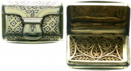 Varia, Silber, Großbritannien
Vinaigrette (Damen-Duftdöschen) in Form eines Handtäschchens, Birmingham 1816 des Herstellers Matthew Linwood. Innenver...