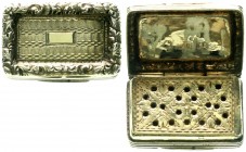 Varia, Silber, Großbritannien
Vergoldete Vinaigrette (Damen-Duftdöschen), Birmingham 1833 des Herstellers Francis Clark. 27 X 17 X 10 mm; 8,29 g.