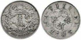 CHINA und Südostasien, China, Qing-Dynastie. Pu Yi (Xuan Tong), 1908-1911
Dollar (Yuan) 1911 Tientsin, Nanking oder Wuchang. 
sehr schön, Schrötling...