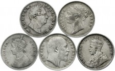 CHINA und Südostasien, Indien, Lots
Kl. Typensammlung, 5 Silbermünzen: Rupee William IV. 1835, Victoria 1840 und 1862, Edward VII. 1907, George V. 19...