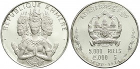 CHINA und Südostasien, Kambodscha, KHMER-Republik, 1970-1975
5000 Riels Silber 1974. Drei Tänzerinnen in Apsarentracht. 
Polierte Platte
