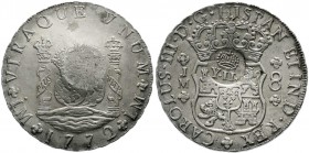 CHINA und Südostasien, Philippinen, Isabel II., 1833-1868
Peru 8 Reales ("Pillar Dollar") 1772 JM, Lima mit Gegenstempel gekröntes YII (1834/1837). ...
