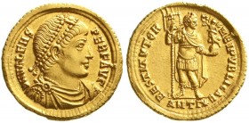 Römische Goldmünzen, Kaiserzeit, Valens, 364-378
Solidus 365 Antiochia. Drap., diad. Brb. r./RESTITVTOR REI PVBLICAE ANTI. Der Kaiser steht mit Labar...