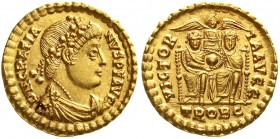 Römische Goldmünzen, Kaiserzeit, Gratianus, 367-383
Solidus 375/378, Trier. Diad., drap. Brb. r./VICTORIA AVGG TROBC. Zwei Kaiser thronen nebeneinand...