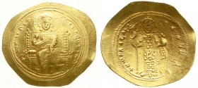 Byzantinische Goldmünzen, Kaiserreich, Constantin X., 1059-1067
Histamenon Nomisma 1059/1067. Kaiser steht v.v. mit Labarum und Kreuzglobus/Christus ...