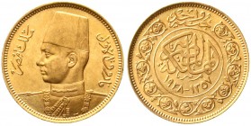 Ausländische Goldmünzen und -medaillen, Ägypten, Farouk, 1936-1952 (AH 1355-1372)
100 Piaster AH 1357 = 1938. 8,5 g. 875/1000. 
fast Stempelglanz