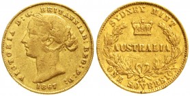 Ausländische Goldmünzen und -medaillen, Australien, Victoria, 1837-1901
Sovereign 1867 über 1866, Sydney. 7,98 g. 917/1000. 
fast sehr schön, kl. Ra...