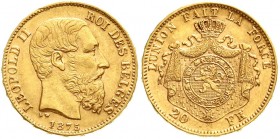 Ausländische Goldmünzen und -medaillen, Belgien, Leopold II., 1865-1909
20 Francs 1875. 6,45 g. 900/1000. 
sehr schön, kl. Randfehler
