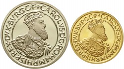 Ausländische Goldmünzen und -medaillen, Belgien, Baudouin, 1951-1993
Set 50 ECU Gold (17,28 g. 900/1000) und 5 ECU Silber 1988 Kaiser Karl V. Im Lede...