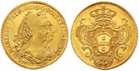 Ausländische Goldmünzen und -medaillen, Brasilien, Maria I. und Pedro III., 1777-1786
6400 Reis (Peca) 1782 R, Rio de Janeiro. 14,34 g. 917/1000. 
v...