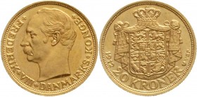 Ausländische Goldmünzen und -medaillen, Dänemark, Frederik VIII., 1906-1912
20 Kronen 1912 VBP. 8,96 g. 900/1000. 
fast Stempelglanz, min. Kratzer...