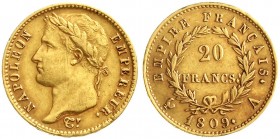 Ausländische Goldmünzen und -medaillen, Frankreich, Napoleon I., 1804-1814/15
20 Francs 1809 A, Paris. 6,45 g. 900/1000. 
sehr schön