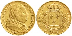 Ausländische Goldmünzen und -medaillen, Frankreich, Ludwig XVIII., 1814/1815-1824
20 Francs 1814 A, Paris. 6,45 g. 900/1000. 
sehr schön/vorzüglich...