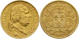 Ausländische Goldmünzen und -medaillen, Frankreich, Ludwig XVIII., 1814/1815-1824
40 Francs 1817 A, Paris. 12,90 g. 900/1000. 
vorzüglich, feine Kra...