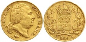 Ausländische Goldmünzen und -medaillen, Frankreich, Ludwig XVIII., 1814/1815-1824
20 Francs 1818 W, Lille. 6,45 g. 900/1000. 
sehr schön, kl. Randfe...