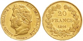 Ausländische Goldmünzen und -medaillen, Frankreich, Louis Philippe I., 1830-1848
20 Francs 1841 A, Paris. 6,45 g. 900/1000. 
vorzüglich/Stempelglanz...
