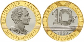 Ausländische Goldmünzen und -medaillen, Frankreich, Fünfte Republik, seit 1958
10 Francs Bimetall 1989 Montesquieu. Ring Gelbgold (920/1000), Kern We...