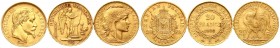 Ausländische Goldmünzen und -medaillen, Frankreich, Lots
3 Stück: 20 Francs 1865 A, 1886 A und 1907. Zusammen 19,35 g. 900/1000. 
vorzüglich
