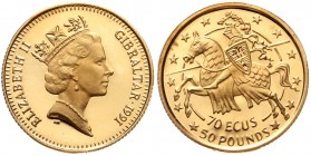 Ausländische Goldmünzen und -medaillen, Gibraltar, Elisabeth II., seit 1952
70 ECU/50 Pounds 1991 Ritter zu Pferd nach links. 6,22 g. 500/1000. 
BU...