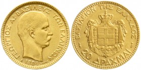 Ausländische Goldmünzen und -medaillen, Griechenland, Georg I., 1863-1913
20 Drachmen 1884 A. 6,45 g. 900/1000. 
vorzüglich