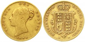 Ausländische Goldmünzen und -medaillen, Grossbritannien, Victoria, 1837-1901
Half-Sovereign 1838. 3,96 g. 917/1000. 1. Jahrgang. 
schön