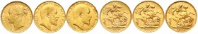 Ausländische Goldmünzen und -medaillen, Grossbritannien, Lots
3 Stück: Sovereign 1879 M, Melbourne, 2 X 1909. Zusammen 23,94 g. 917/1000. 
sehr schö...