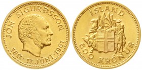 Ausländische Goldmünzen und -medaillen, Island, Republik, seit 1944
500 Kronur 1961. Jon Sigurdsson. 8,96 g. 900/1000. 
Stempelglanz
