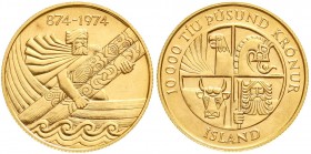 Ausländische Goldmünzen und -medaillen, Island, Republik, seit 1944
10000 Kronur 1974. Ingulfur Arnason in seinem Schiff. 15,5 g. 900/1000. 
Stempel...