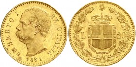 Ausländische Goldmünzen und -medaillen, Italien- Königreich, Umberto I., 1878-1900
20 Lire 1881 R 6,45 g. 900/1000. 
vorzüglich