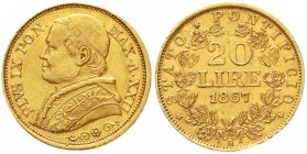 Ausländische Goldmünzen und -medaillen, Italien-Kirchenstaat, Pius IX., 1846-1878
20 Lire 1867 R. A XXII, großes Brustbild. 6,45 g. 900/1000. 
vorzü...